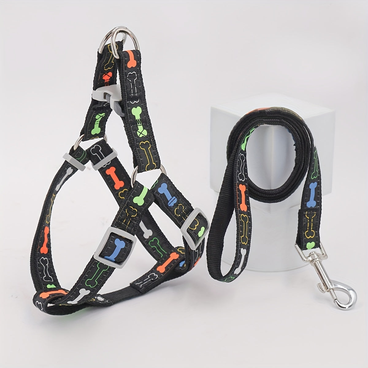 Dog Harness and Leash Set with Bone Pattern - No Pull Triangle Chest Back Vest Harness for Small Medium Large Dogs, Indoor Outdoor Walking, Pink Black Blue Grey, S M L