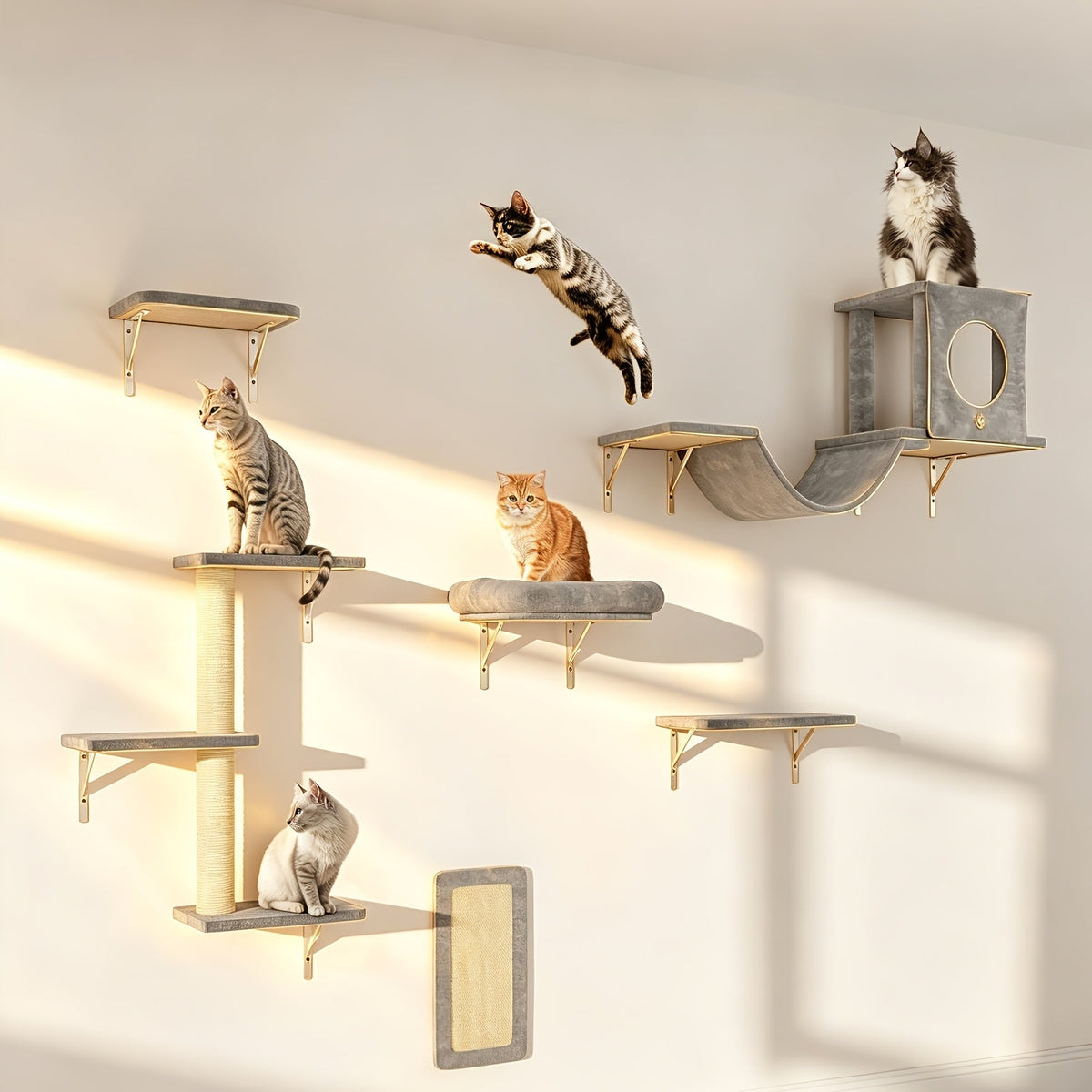 7-Piece Wall Mounted Cat Climbing Shelf Set – Deluxe Indoor Cat Furniture with Cat Condo, Wall Shelves, Scratching Post, Bridge Ladder & Tunnel, Space-Saving Cat Wall Playground for All Cat Sizes